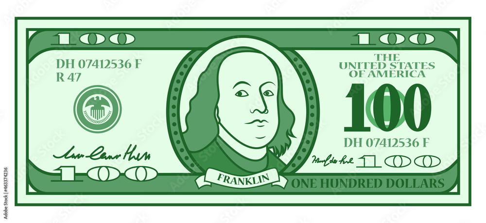 Cartoon 100 dollar bill with stylized Franklin portrait. Play money or ...