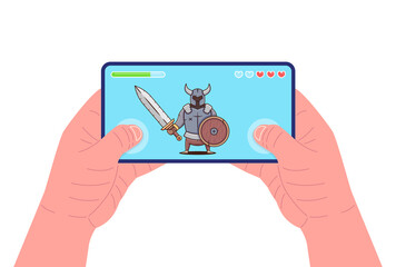 Wall Mural - Man holding smartphone and playing the game. Mobile gaming concept. Warrior character with shield on screen. Vector illustration.