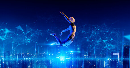 Wall Mural - jumping 3d humanoid robot metaverse smart city digital world background, ai artificial intelligence 