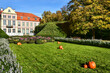 pumpkins and flowers in a beautiful garden, Oliwa Park in Gdansk, Poland 