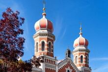 Towers Of The Great Synagogue Against Blue Sky, Plzen, Czech Republic