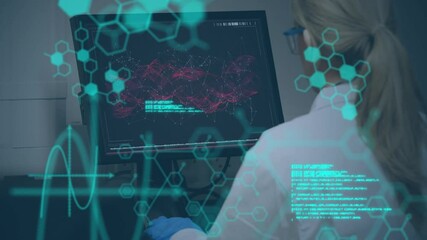 Poster - animation of data processing and molecules over female doctor using computer