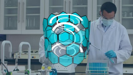 Sticker - Animation of blue hexagons over doctors working in lab