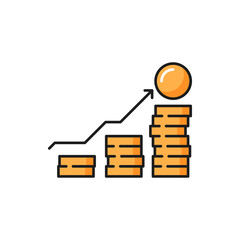 Poster - Coins stack with arrow up, money growth chart icon. Vector diagram statistics, price and salary growth, progress. Upward money growth, financial growing and economy improvement, golden coins stack