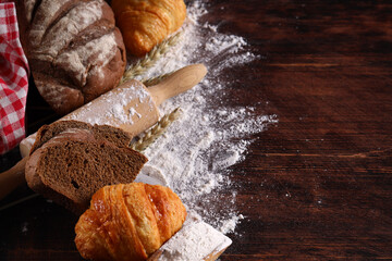 Poster - flour food fresh bread on wooden background