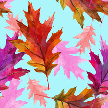 Autumn Oak Leaves Watercolor On Light Blue Background Seamless Pattern For All Prints.