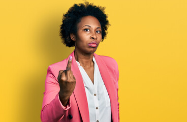 Sticker - African american woman with afro hair wearing business jacket showing middle finger, impolite and rude fuck off expression