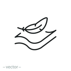 fabric with feather filler icon, high comfort structure, less weight, light or soft provides comfort skin, thin line symbol on white background - editable stroke vector illustration