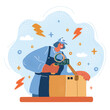 Vector illustration of Smiling modern business woman pointing to a large cardboard box. the packer packs a cardboard box, the delivery service