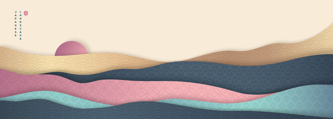 Hills and mountains abstract landscape in chinese style asian patterns. Vector illustration. Japanese background with paper cut wave at sunset. Place for text. China ornament for Happy New Year 2022