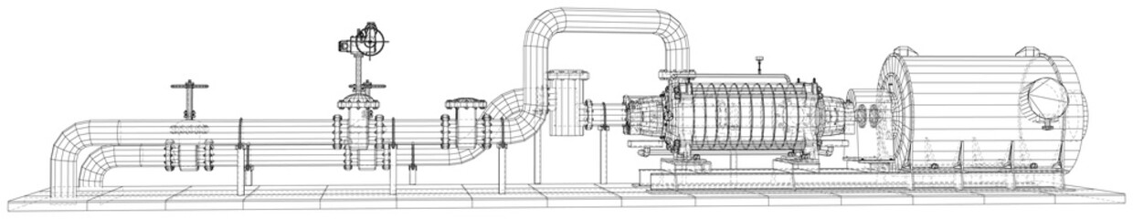 Wire-frame line pumping unit isolated on white. Vector rendering of 3d.