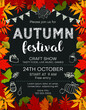 Autumn festival announcing poster template with food icons and border from colorful leaves. Invitation with customized text for seasonal craft show or market flyer.