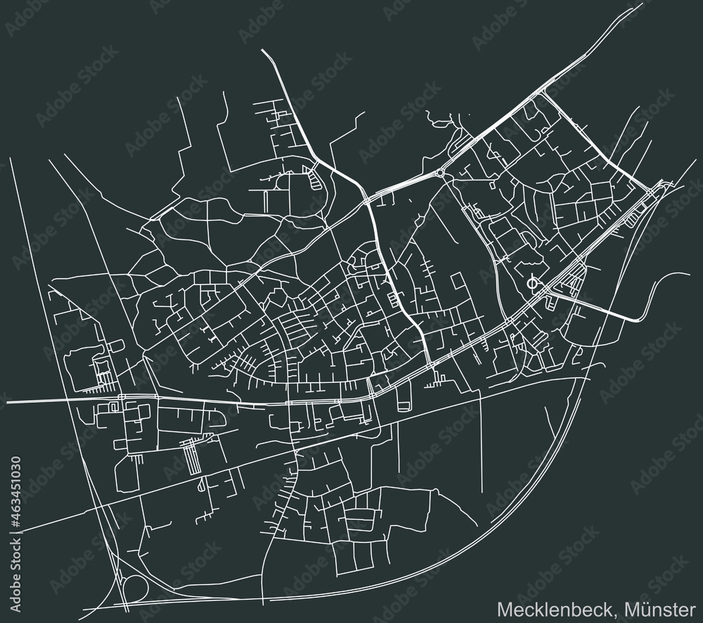 Detailed negative navigation urban street roads map on dark gray background of the quarter Mecklenbeck district of the German capital city of Münster-Muenster, Germany