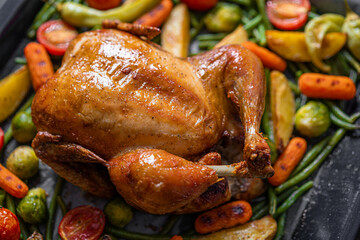 Festive dinner for two of chicken and vegetables. baking sheet with baked chicken and baked green beans, baby carrots, potatoes, green peppers and Brussels sprouts. two glasses of wine.