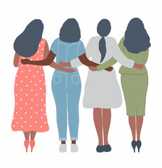 Four women are standing and hugging. Back view. International Women's Day concept. Girls power. Women's community. Female solidarity. Vector illustration