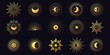 Moon, sun and stars, celestial boho line elements. Chic golden mystic astrology symbols. Minimalist yoga tattoo and logo design vector set