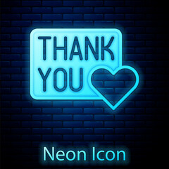 Poster - Glowing neon Thank you with heart icon isolated on brick wall background. Handwritten lettering. Vector