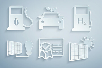 Set Certificate template, Hydrogen filling station, Solar energy panel and light bulb, sun, Eco car concept drive and Bio fuel with fueling nozzle icon. Vector