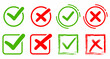 Checkmark icons set. A collection of web button variants: green checkmark and red cross. approved and rejected stamp. Many options, Vector validation icons set