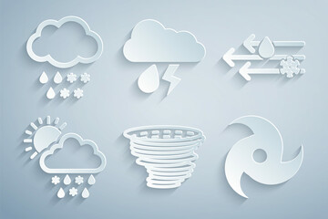 Sticker - Set Tornado, Wind and rain with snow, Cloud snow, rain, sun, lightning and icon. Vector