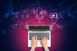 © Tierney - Podcast theme with person using a laptop computer