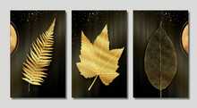 3d Golden Tree Leaves In Modern Painting Background. Wall Frame Home Decor
