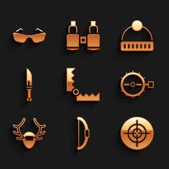 Sticker - Set Trap hunting, Bow, Target sport, Deer antlers on shield, Hunter knife, Winter hat and Glasses icon. Vector