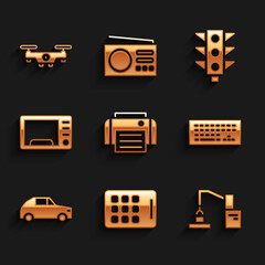 Sticker - Set Printer, Graphic tablet, Robotic robot arm hand factory, Keyboard, Car, Microwave oven, Traffic light and Drone flying icon. Vector