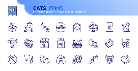 Simple set of outline icons about cats. Pets.