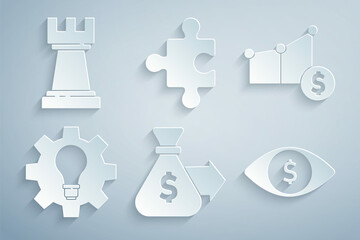 Wall Mural - Set Money bag, Pie chart and dollar, Light bulb gear, Eye with, Piece of puzzle and Chess icon. Vector