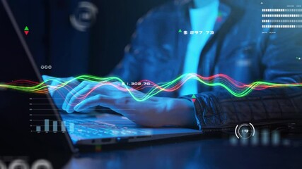 Business man using computer hand close up graph chart investment decentralized finance business data analytics online network metaverse digital world technology future finance concept