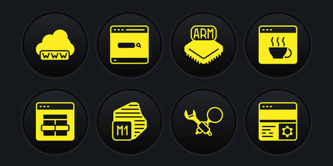 Set MySQL code, Software, Processor, Debugging, Search engine, and Web development icon. Vector