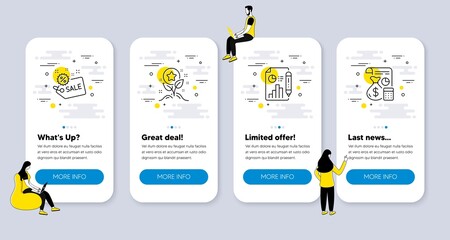 Wall Mural - Vector Set of Finance icons related to Report document, Sale and Loyalty points icons. UI phone app screens with people. Accounting line symbols. Growth chart, Shopping tag, Bonus grows. Vector