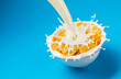 Corn flakes with pouring milk and copy space