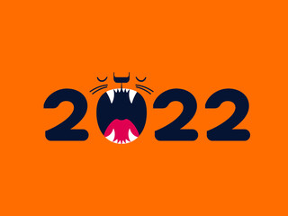  Happy Chinese New Year 2022. Cartoon cute roaring tiger head with 2022 year words. Tiger is Zodiac symbol of 2022 New year. Greeting card with text Happy New Year. EPS vector illustration.