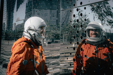 Portrait of smiling astronaut wearing orange spacesuit and space helmet near an abstract mirror wall.