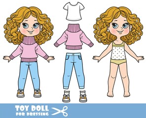 Sticker - Cartoon girl with curle haired in underwear, dressed and clothes separately - T-shirt, warm pink sweater, jeans, jeans, sneakers doll for dressing