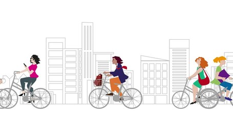 Sticker - A 3D rendering of people riding bicycles with a city view isolated on a white background