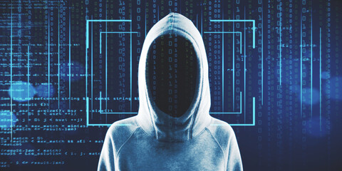 Wall Mural - Hacker in hoodie standing on abstract binary code background with face recognition interface. Hacking, ID and innovation concept. Double exposure.