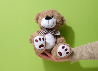 Wall Mural - female hand hold a small brown toy teddy bear on a green background