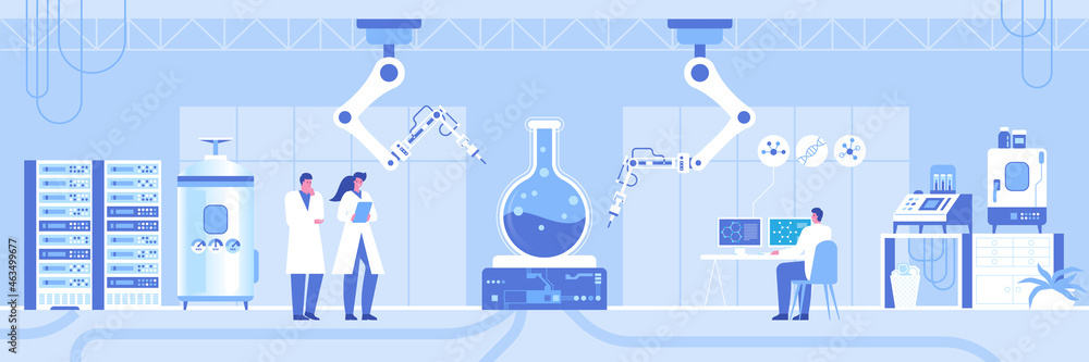 Automated scientific laboratory horizontal background. Team scientists ...