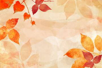 Autumn background watercolor painting, maple leaves in red and yellow, painted fall leaves and floral botanical design elements on border texture. Wedding invites or website header abstract art