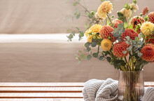 Bouquet Of Chrysanthemums In A Vase In The Interior Of The Room, Copy Space.