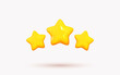 Three yellow stars glossy colors. Achievements for games. Customer rating feedback concept from client about employee of website. Realistic 3d design. For mobile applications. Vector illustration