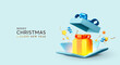 © lauritta - Merry Christmas and Happy New Year. Background with realistic 3d festive blue open gifts box. Xmas sale present. Holiday decorative yellow boxes, Holiday gift surprise. Vector illustration