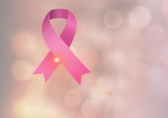 Poster - Digitally generated image of pink ribbon icon against spots of light on pink background