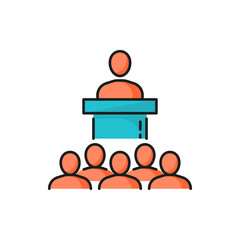 Poster - President, boss or politician speaking on podium isolated color line icon. Vector brainstorming and cooperation, interviewing, recruitment. Business meeting or conference, boss speaking on stage