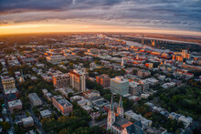 Aerial View Of Downtown Savannah, Georgia During Sunset