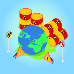 Pollution vector concept. Earth globe polluted by chemical waste barrel with dangerous radioactive symbol
