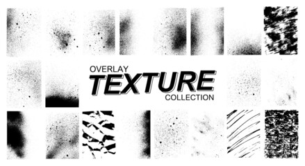 Fototapete - Backdrop set overlay effects - damage, paint, concrete, old, spray, cracked and scratched texture. Background effect grunge. Overlay texture with dust and spray. Vector collection texture graphic